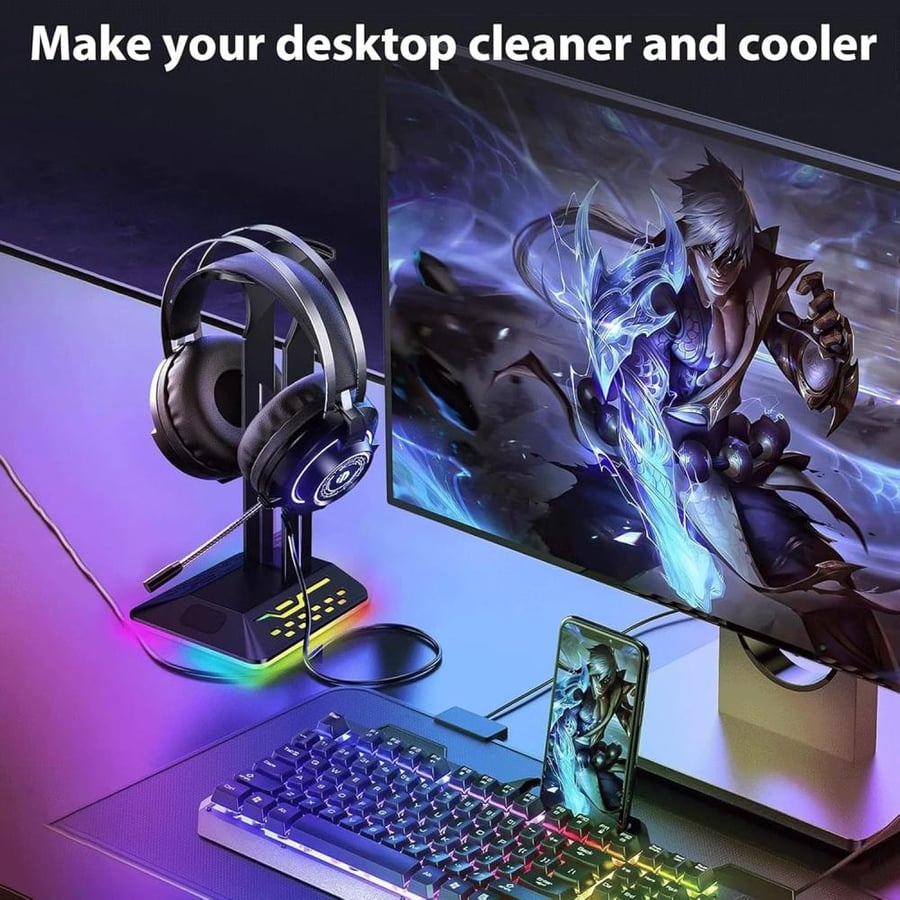 حامل أجهزة إلكترونية من لينجيه لسماعات الألعاب و PC و ماك مع إضاءة RGB و منافذ USB من البلاستيك أسود