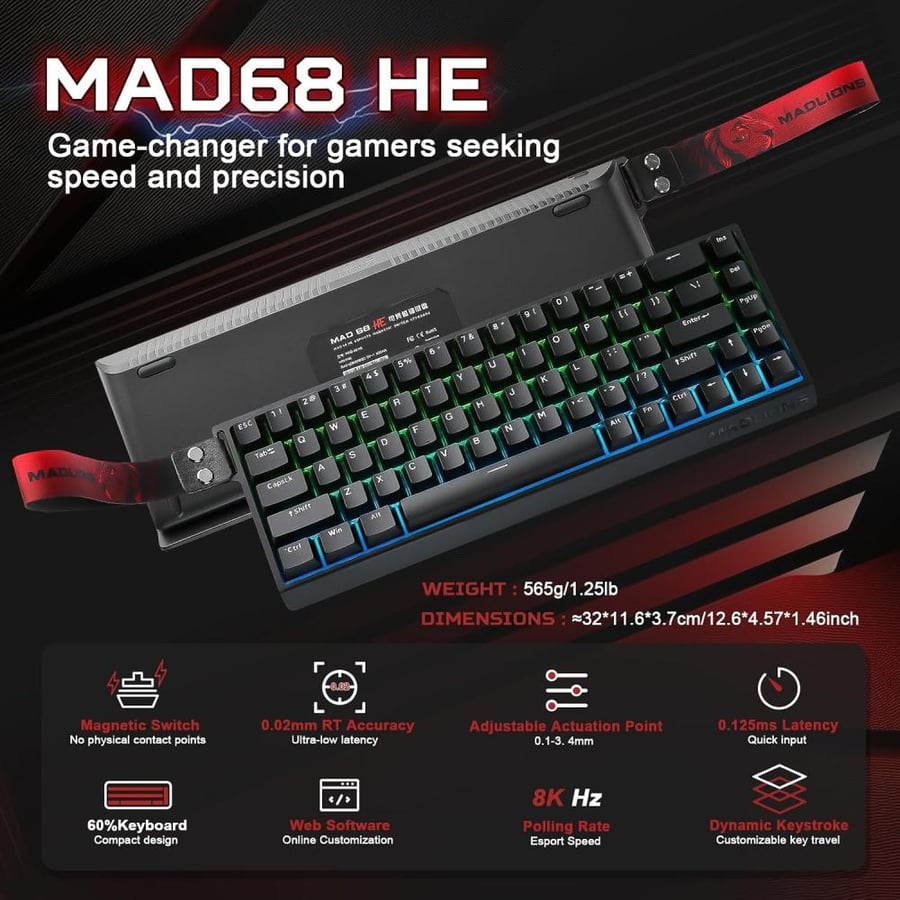 كيبورد يونزي سلكي MAD68 HE بتشغيل سريع و RGB و مفاتيح قابلة للبرمجة بلون أسود متوافق مع ويندوز و ماك بلغة إنجليزية