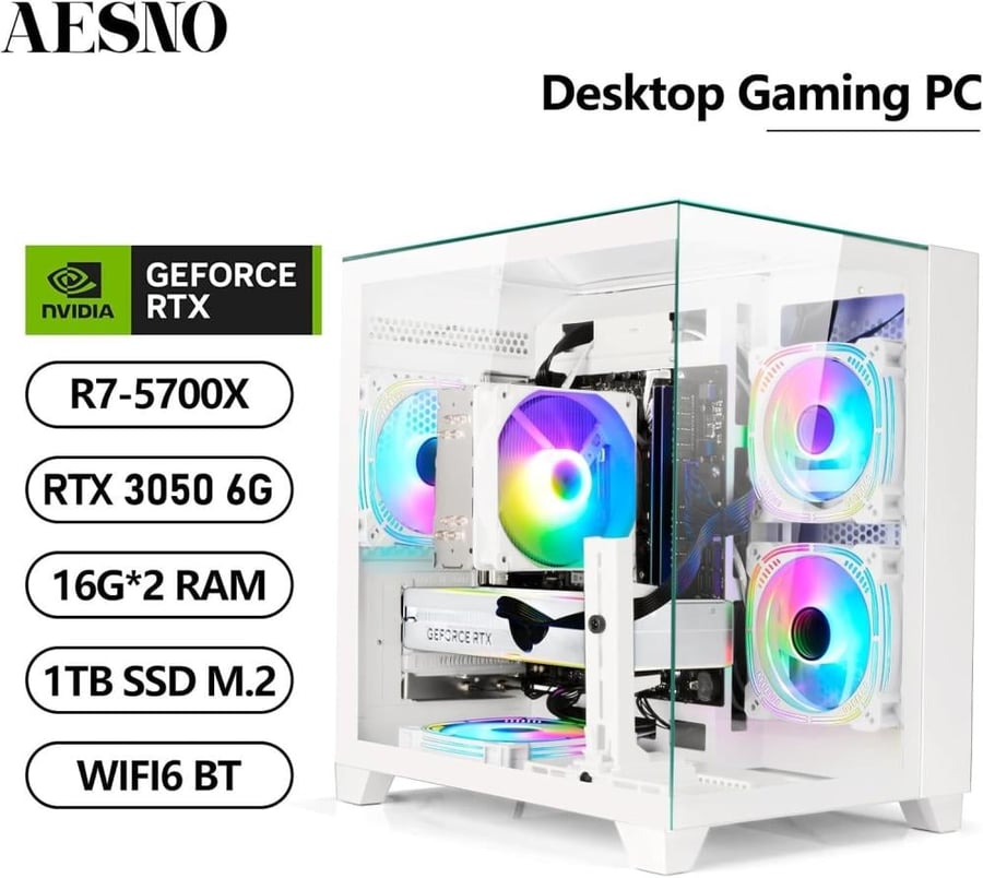 كمبيوتر ألعاب معالج رايزن 7 5700X بـ8 أنوية 3.4-4.6 جيجاهرتز رسومات RTX 3050 رام DDR4 سعة 6 جيجا ذاكرة مستديمة SSD سعة 1 تيرا إضاءة RGB مزود طاقة 650واط للرياضة الإلكترونية ومكتب المنزل من ايسنو أبيض