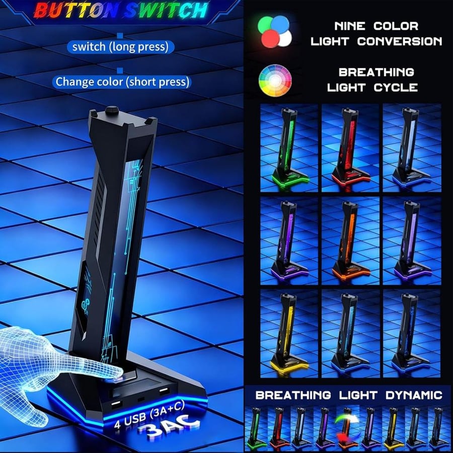 بي وينر حامل سماعة راس RGB مع موزع USB، اضاءة LED لاعداد الالعاب