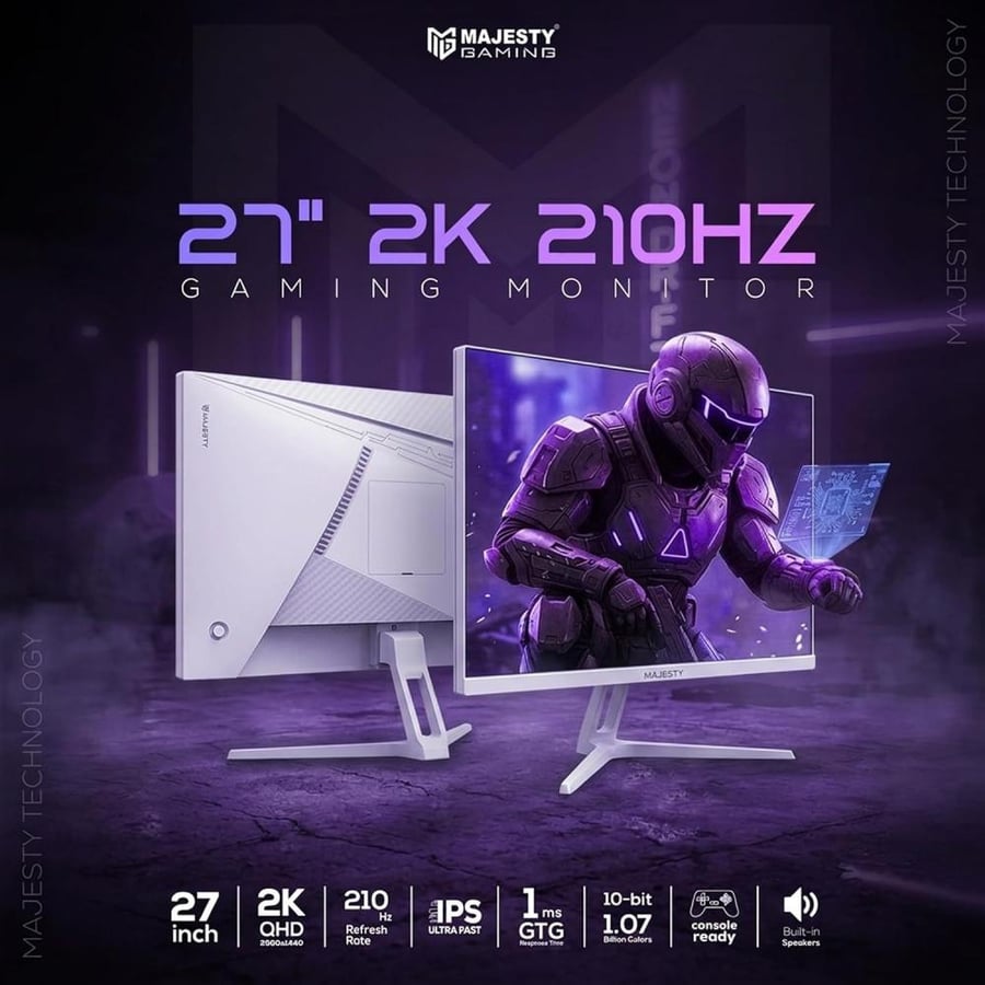 ماجيستي شاشة ألعاب 27 بوصة 2K QHD | ULTRA FAST IPS | 210Hz | 1ms | HDR400 Ready | ‎134% sRGB | 10-Bit | G-SYNC & FreeSync | HDMI 2.1 & DP | VESA | سماعات مدمجة | حامل مرن - أبيض