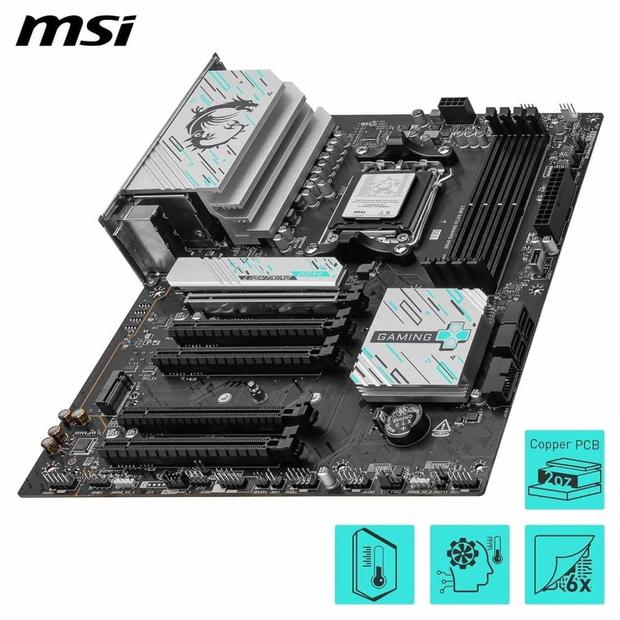 MSI لوحة ام B840 جيمنج بلس واي فاي، ايه تي اكس - تدعم معالجات AMD رايزن 9000/8000/7000، AM5 - DDR5 تعزيز الذاكرة 8000+ MT/s (OC)، منفذ PCIe 4.0 x16، M.2 الجيل الرابع، واي فاي 7، شبكة محلية LAN 2.5G