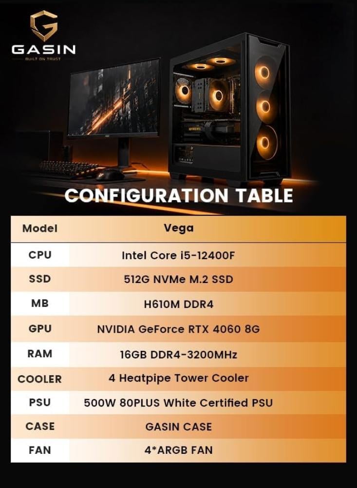 كمبيوتر ألعاب - معالج Intel Core i5-12400F / بطاقة رسومات NVIDIA RTX 4060 سعة 8 جيجابايت / ذاكرة RAM DDR4 بسرعة 3200 ميجاهرتز وسعة 16 جيجابايت / قرص SSD سعة 512 جيجابايت / هيكل أسود