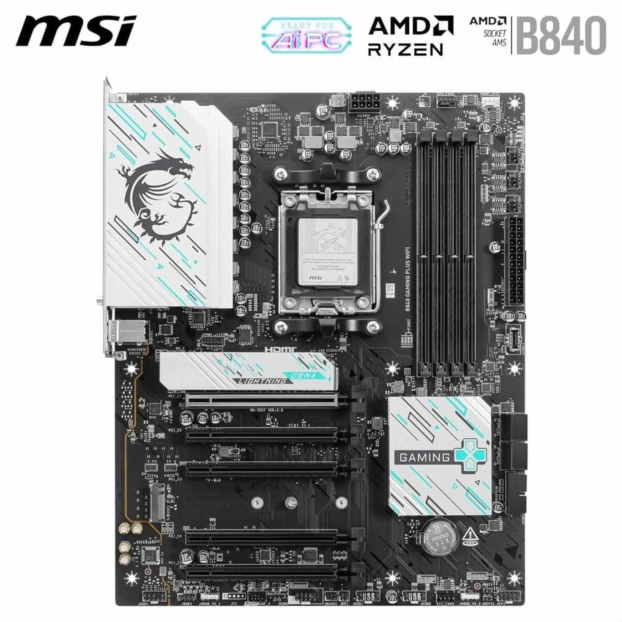 MSI لوحة ام B840 جيمنج بلس واي فاي، ايه تي اكس - تدعم معالجات AMD رايزن 9000/8000/7000، AM5 - DDR5 تعزيز الذاكرة 8000+ MT/s (OC)، منفذ PCIe 4.0 x16، M.2 الجيل الرابع، واي فاي 7، شبكة محلية LAN 2.5G