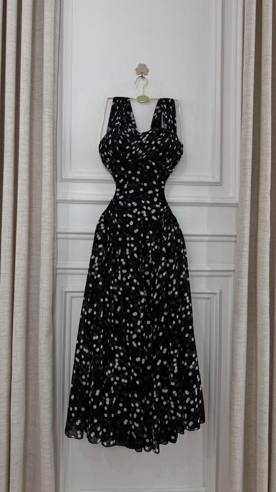 Evening dress black fabric Georgette dotted and lining