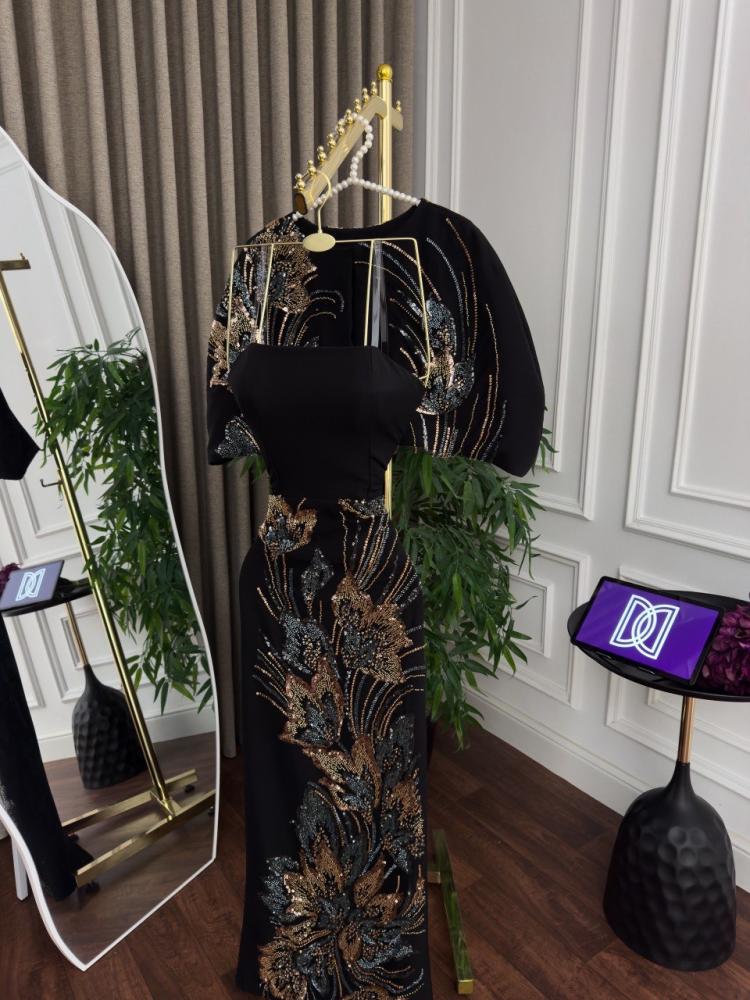 Black evening dress, fabric is barli, embroidered decoration