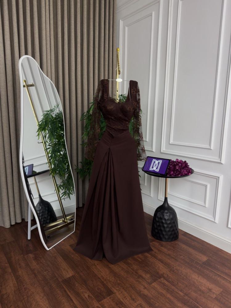 Evening dress brown with Barbie fabric and lace and full