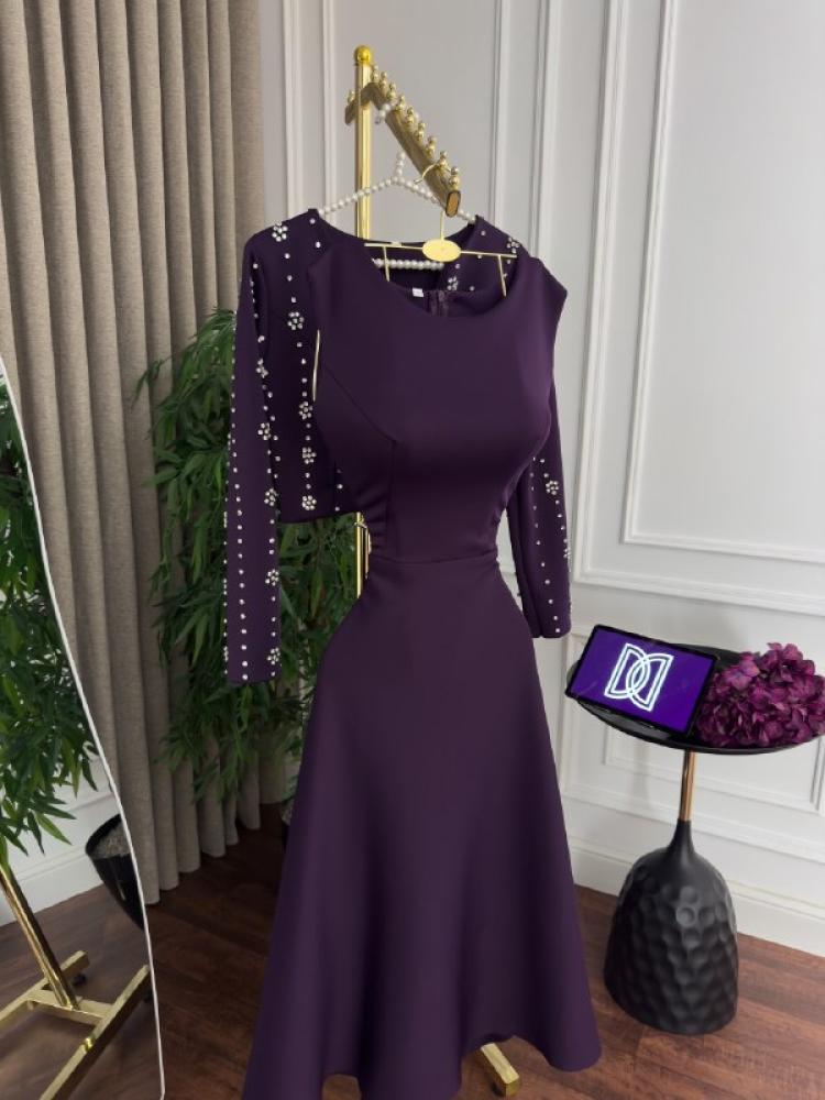 Evening dress purple midi soft fabric embroidery little zircon