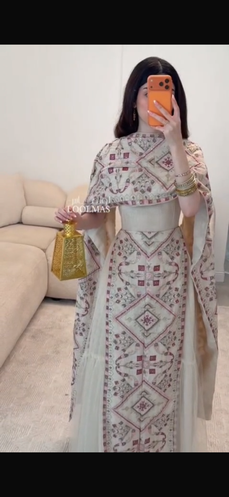 Evening gown beige with Najdi pattern, fabric nylon, computer embroidery, elegant + tulle