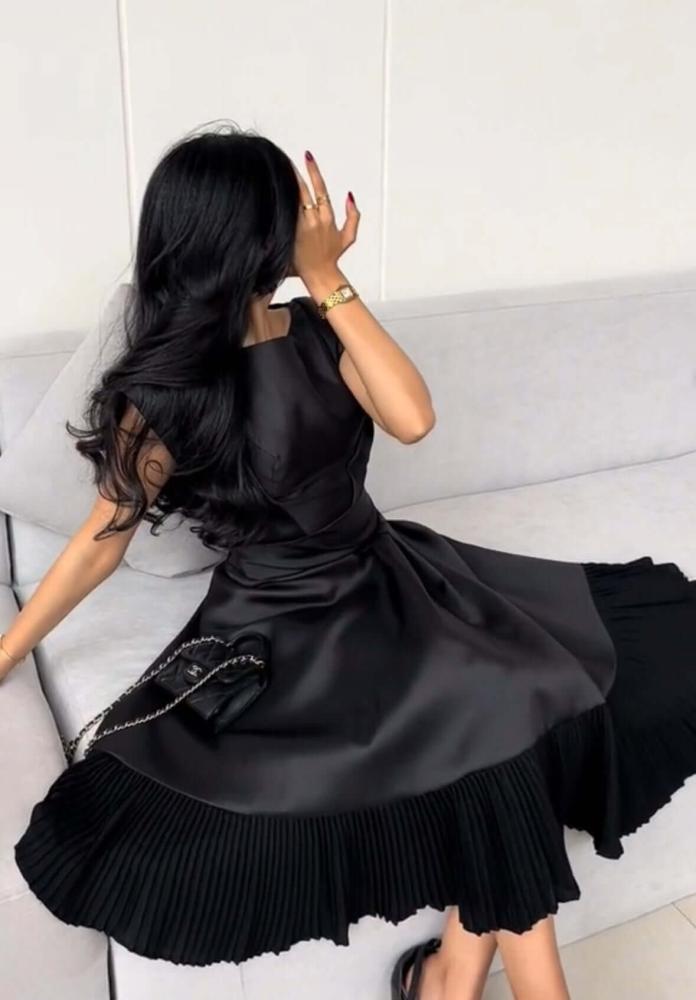 فستان سهرة أسود الخامة تفته كوري اصلي درجه اولى + اورجنزا بكسرات بليسيه للمناسبات والسهرات
