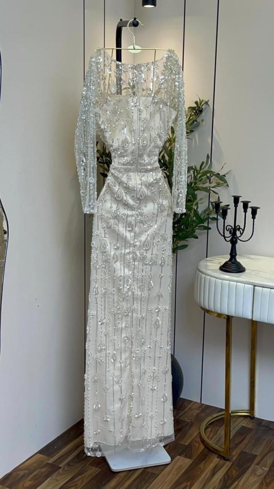 Evening dress beige fabric embroidered velvet and beads