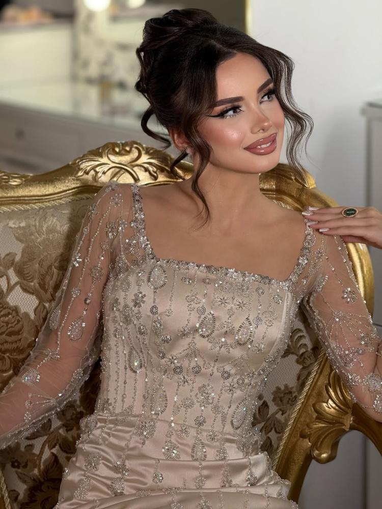 Evening dress beige fabric embroidered velvet and beads