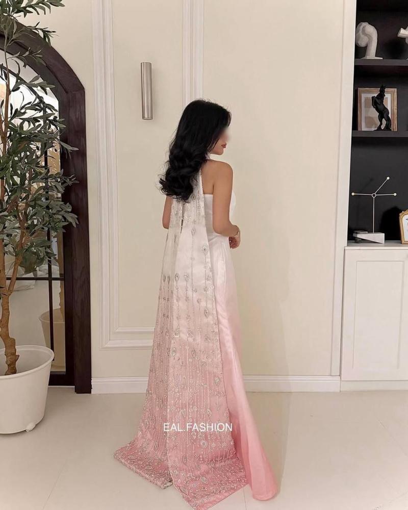 Evening dress pink and white, Mikado Russian fabric, with bead embroidery