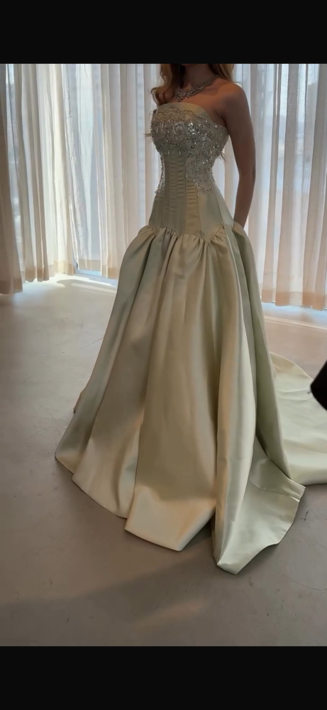 Evening dress olive green fabric microado and hand embroidery