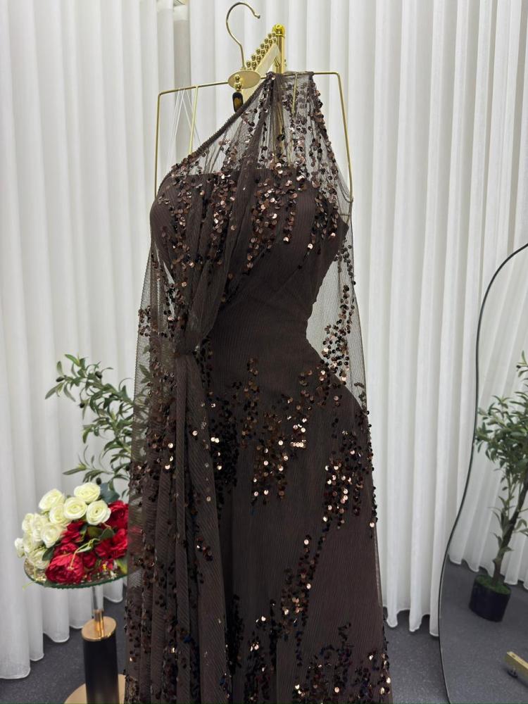 Evening dress brown fabric Barbie and beads
