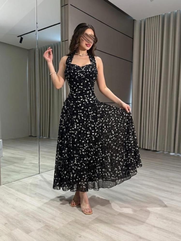 Evening dress black fabric Georgette dotted and lining