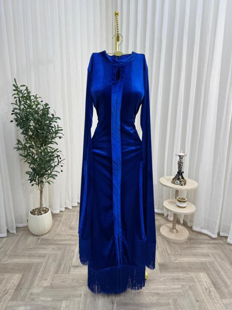 Evening dress blue fabric velvet with Indian fringe