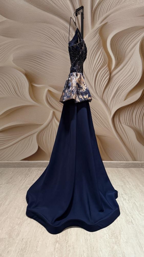 Evening dress navy blue fabric jacquard embroidery cost tail Barbie flared