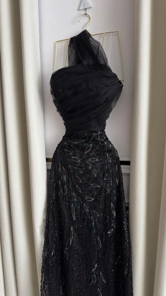 Black evening dress with floral pattern, tulle fabric, embroidered with beads