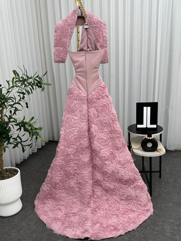 Pink evening dress with a dress cut made of flower fabric