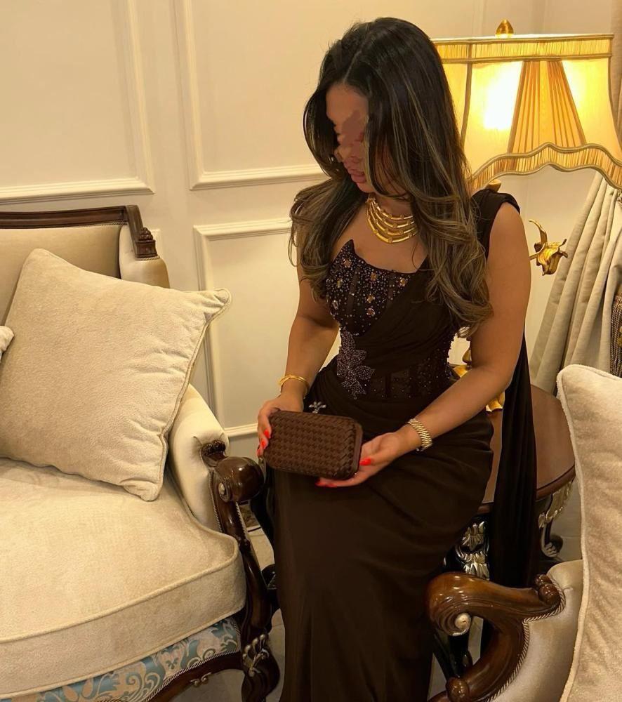 Brown dress with georgette fabric and hand embroidery