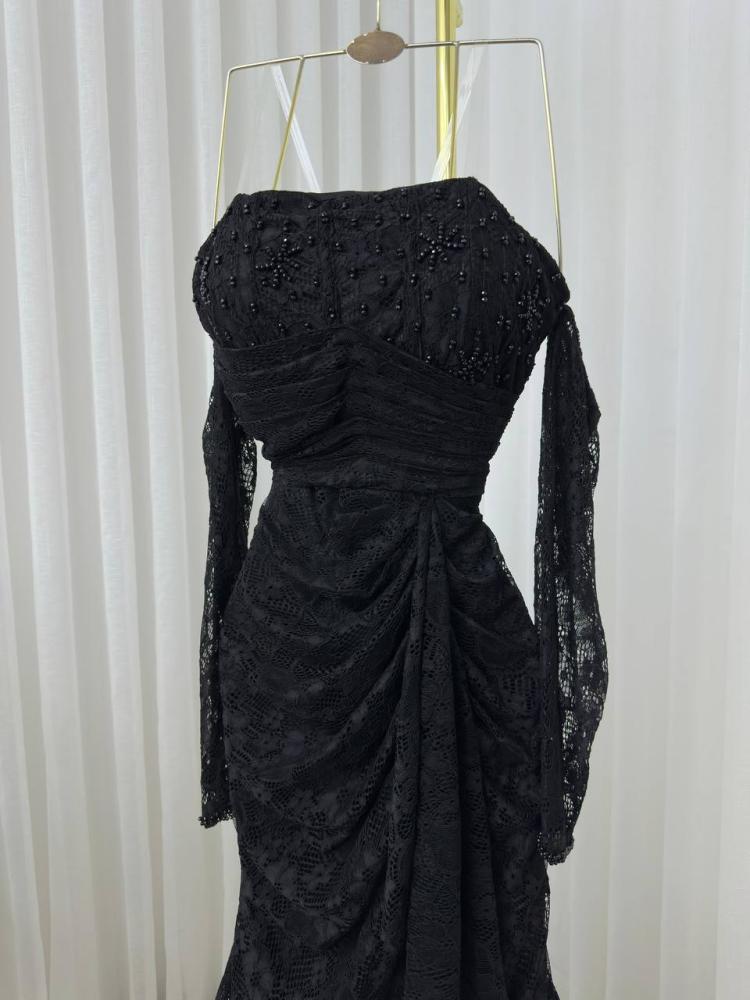 Black evening dress, lace fabric, and embroidery