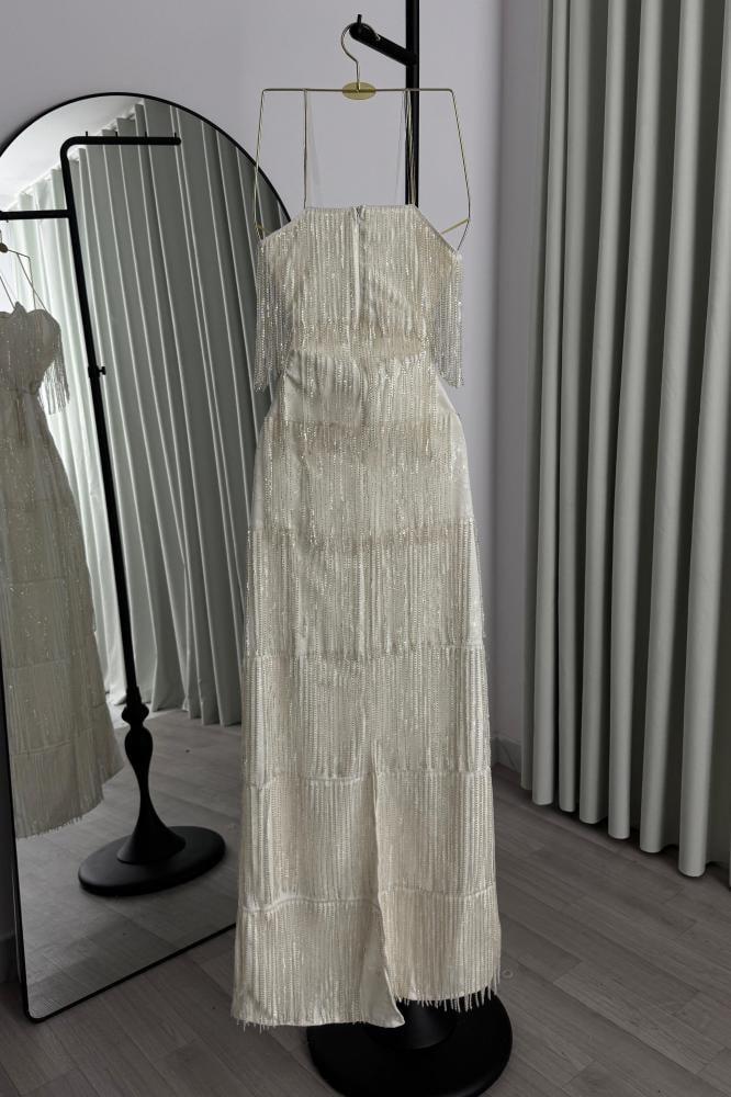 Evening dress beige material with bead fringe + lace lining torn
