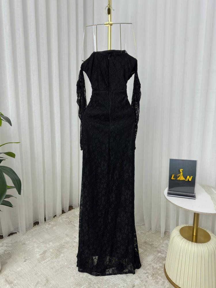 Black evening dress, lace fabric, and embroidery