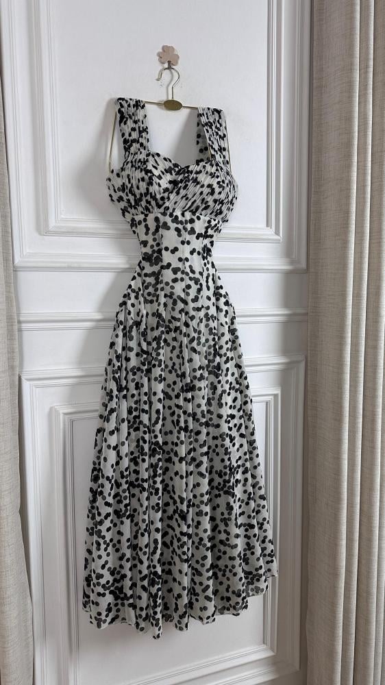 Evening dress black fabric Georgette dotted and lining