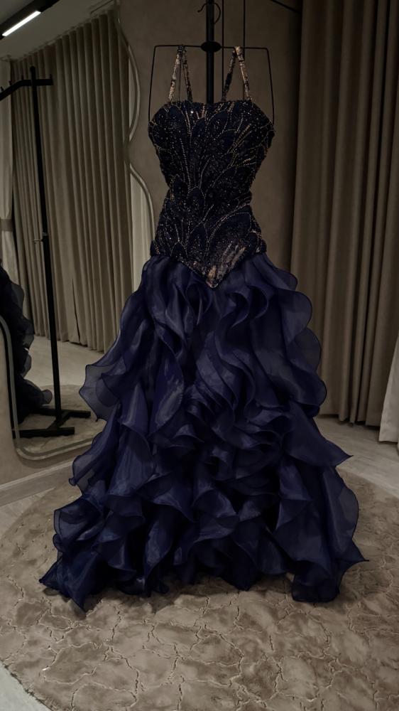 Evening dress navy blue fabric cost embroidery flared double Jazza