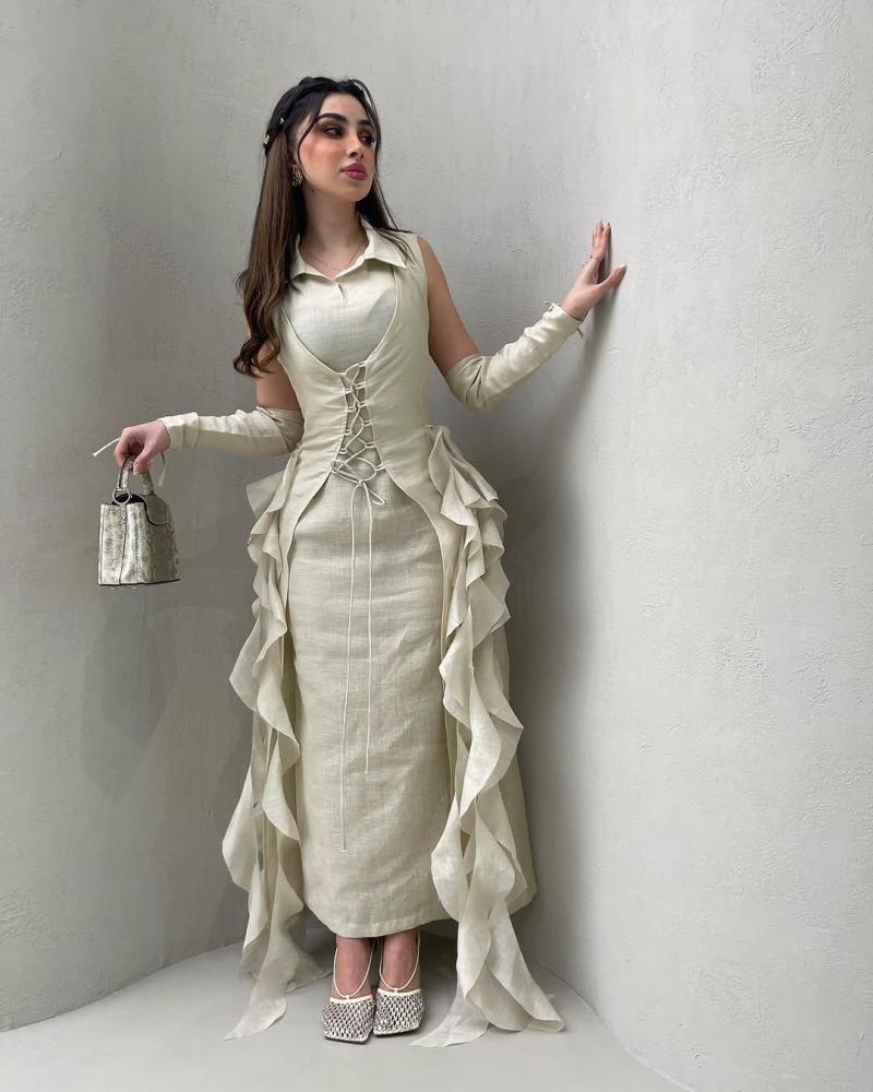Evening dress beige fabric linen Indian