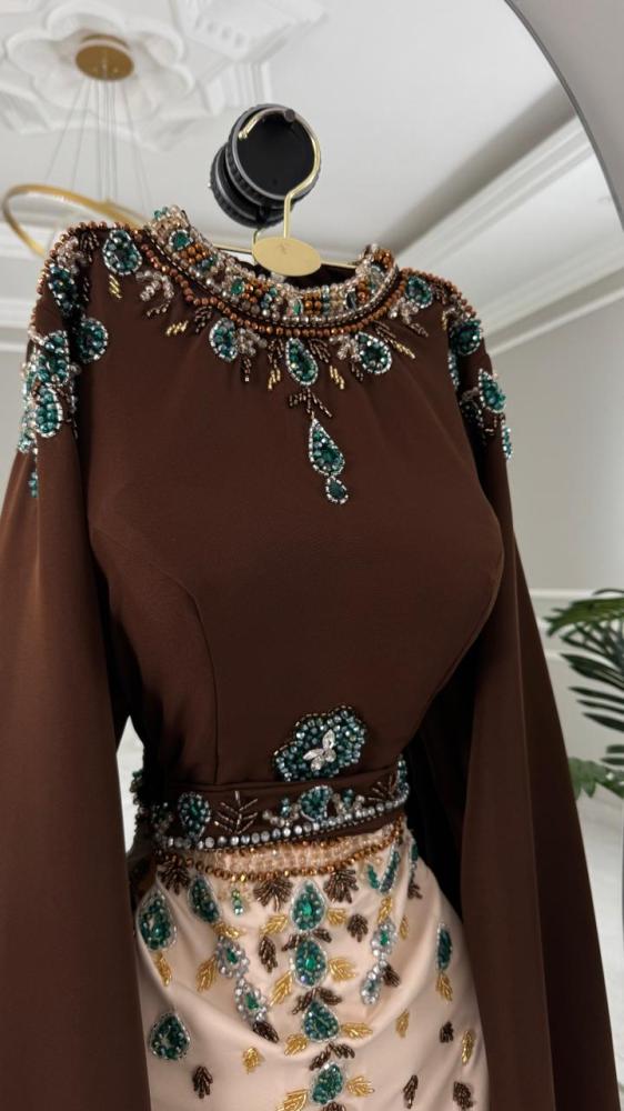 فستان سهرة بني الخمة باربي+ تطريز يدوي للاستقبالات والعزائم