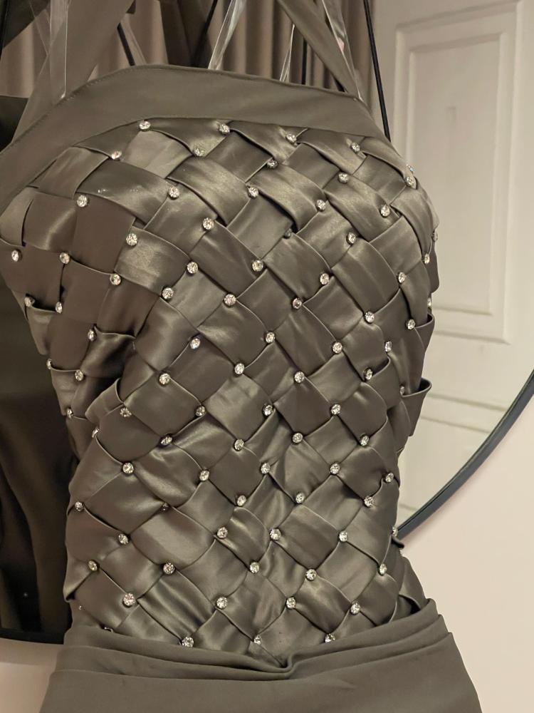 Evening dress, raw material, Tefeta fabric, Zircon stones