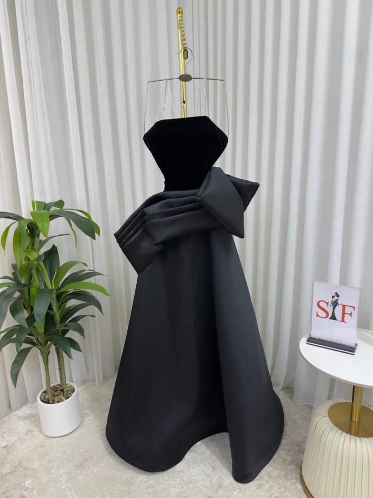 Evening dress black fabric velvet + mikado