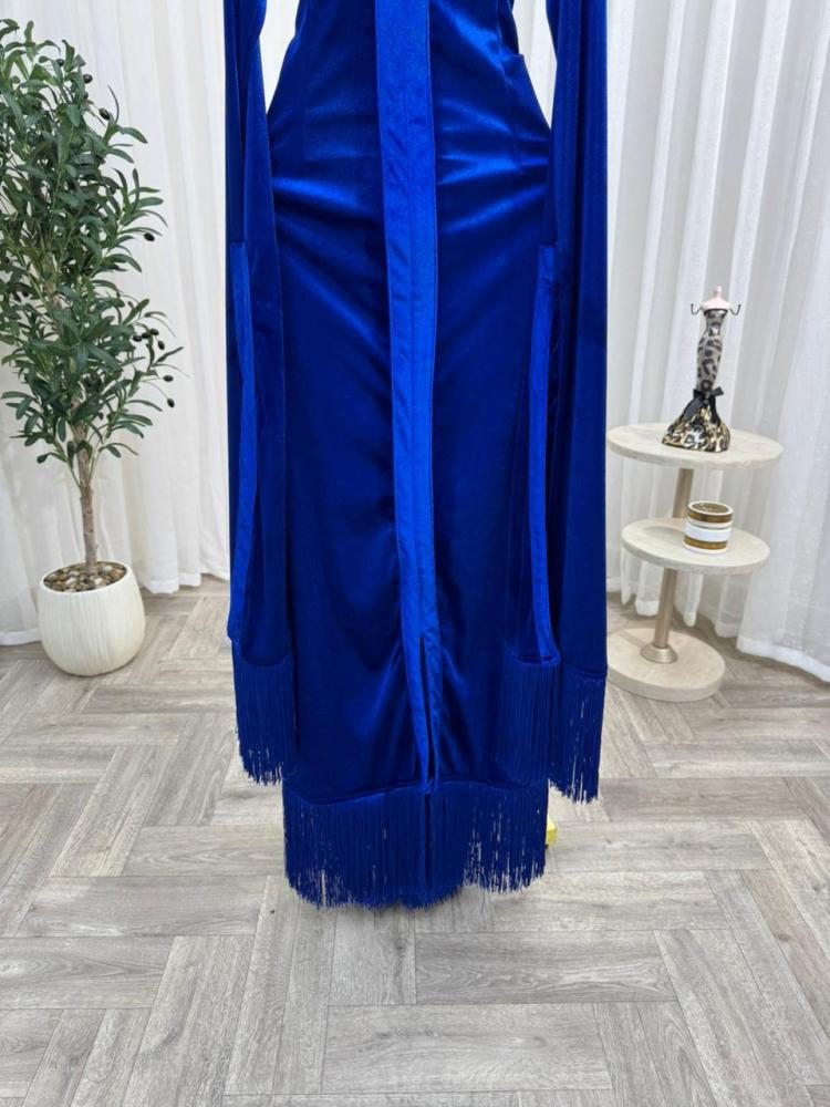 Evening dress blue fabric velvet with Indian fringe