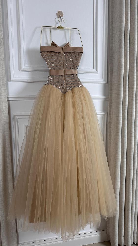 Evening dress beige fabric velvet crystal + velvet layered lining crumbled