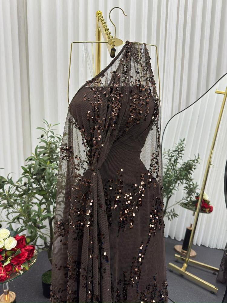 Evening dress brown fabric Barbie and beads