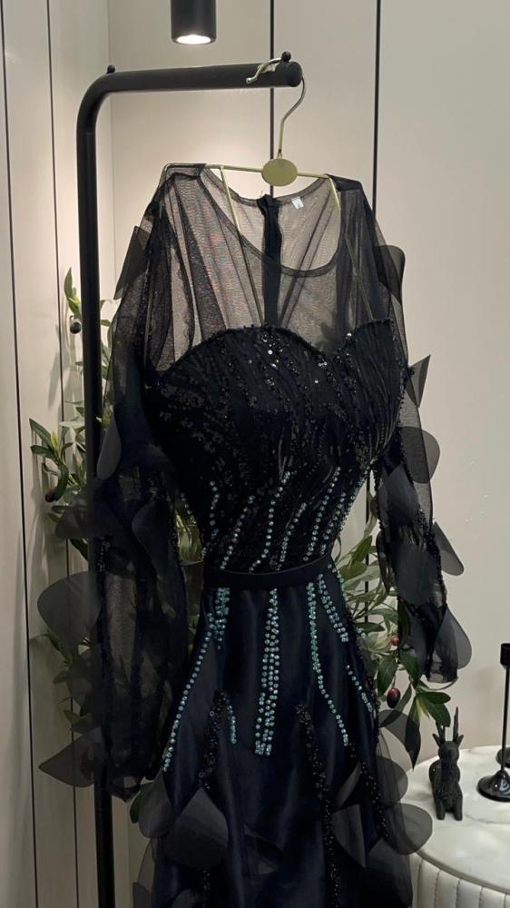 Black evening dress, raw material, embroidered tulle, and beads