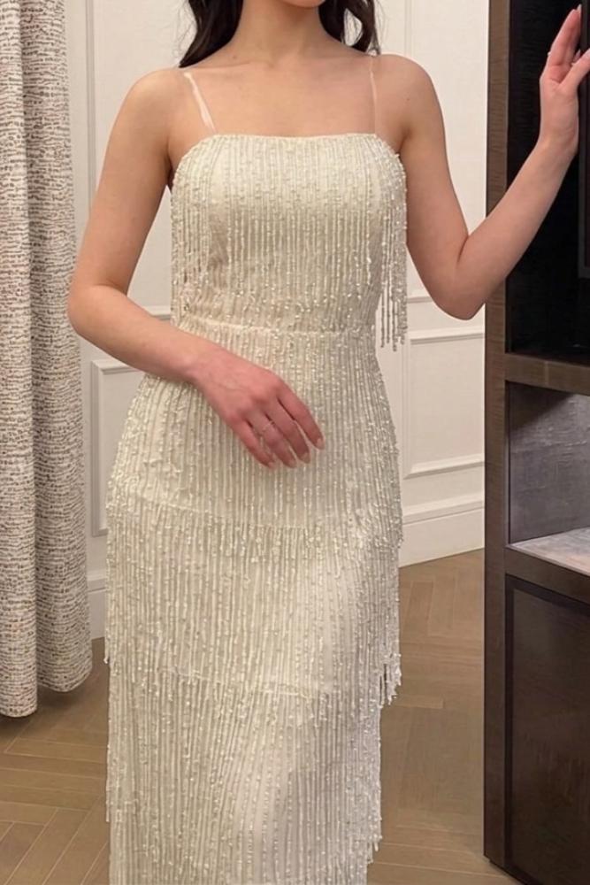 Evening dress beige material with bead fringe + lace lining torn