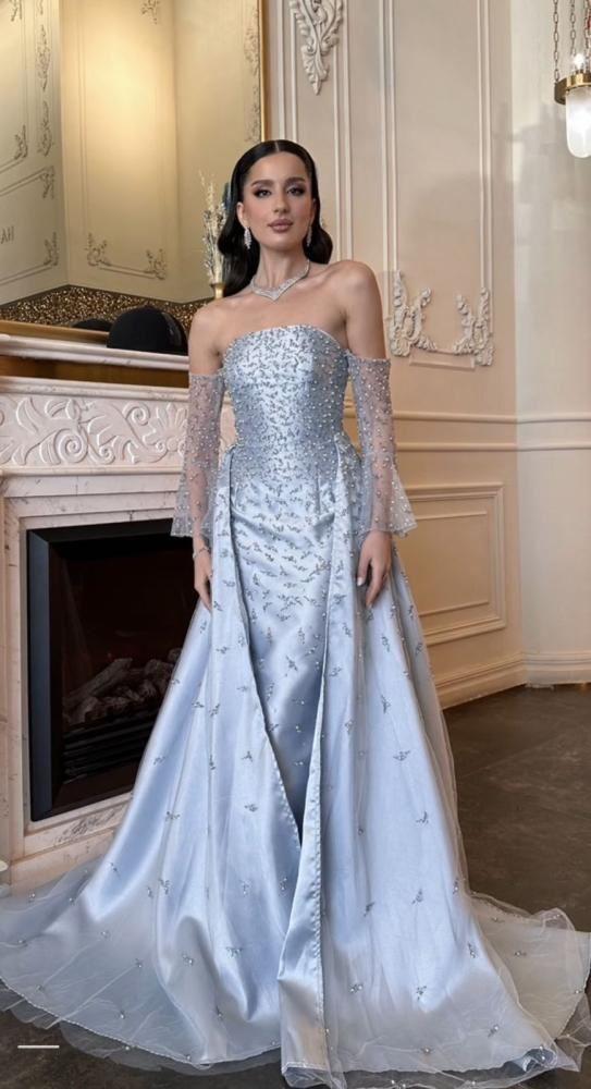 Blue evening dress Mikado embroidery computer and Loul