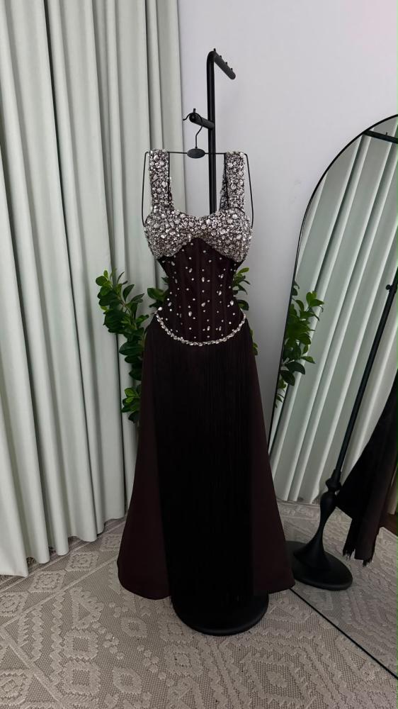 فستان سهرة بني الخامة باربي وهدب وخرز للمناسبات والأعراس