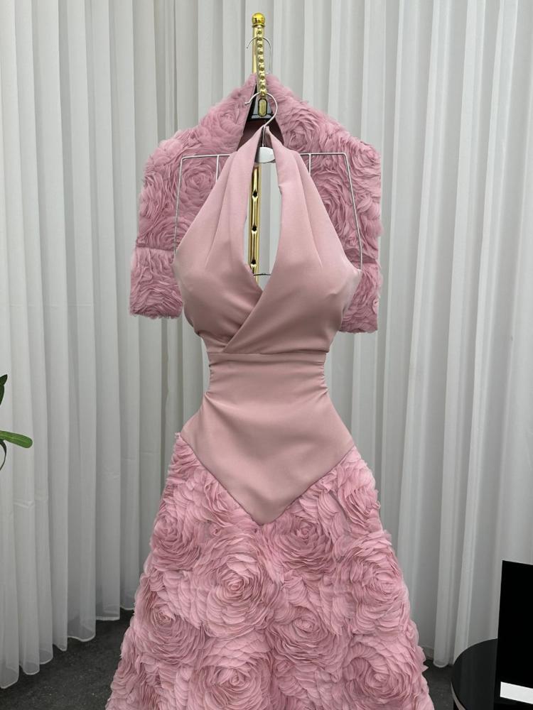 Pink evening dress with a dress cut made of flower fabric