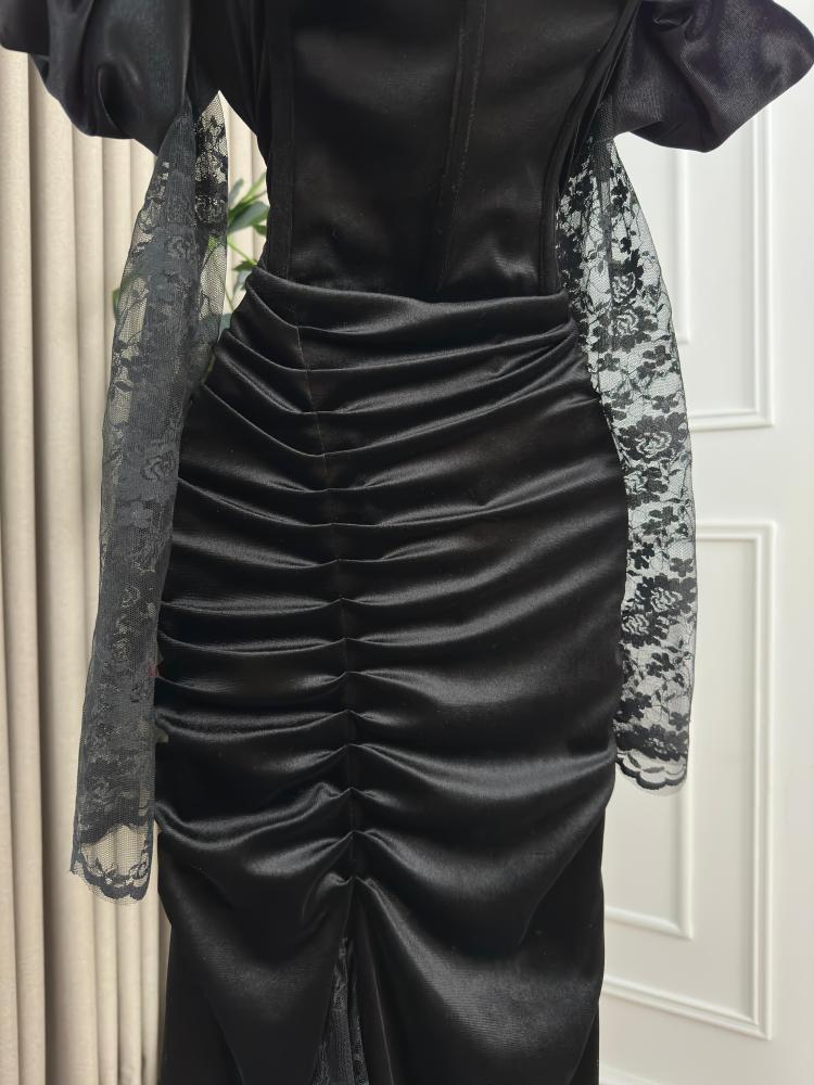 Evening dress black - Korean velvet fabric with black lace