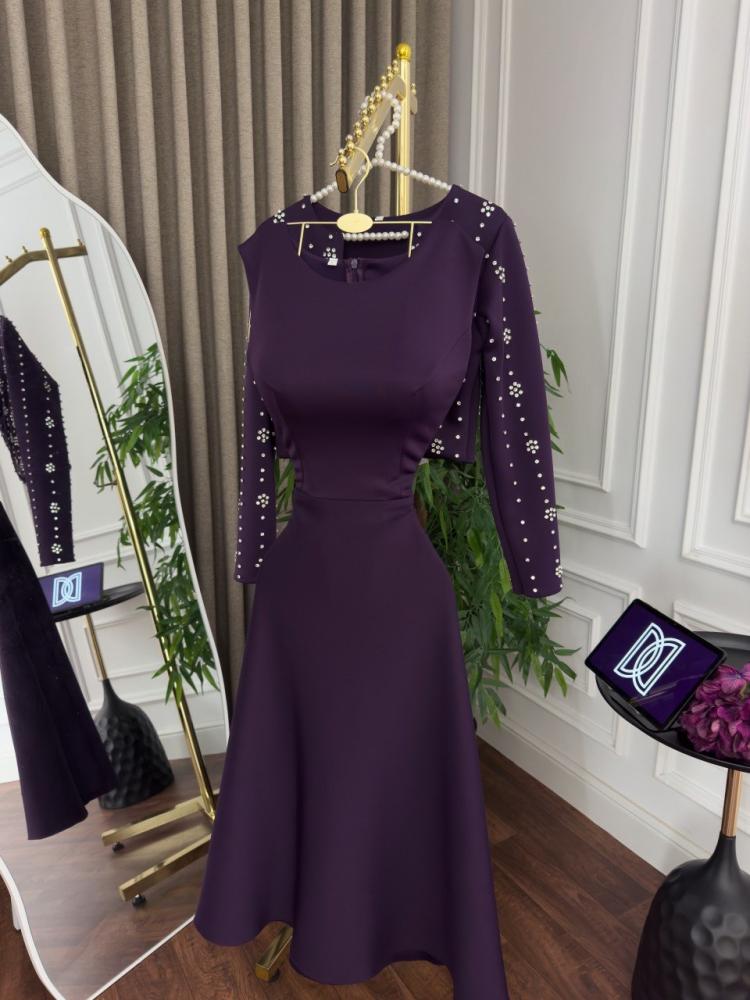 Evening dress purple midi soft fabric embroidery little zircon