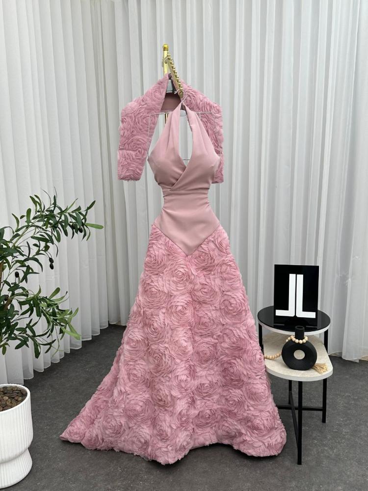 Pink evening dress with a dress cut made of flower fabric