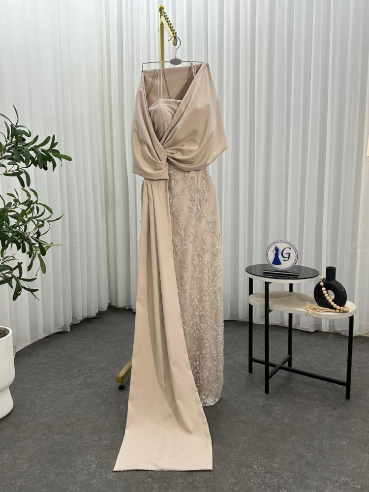 Evening dress beige material Barbie embroidered and sequined