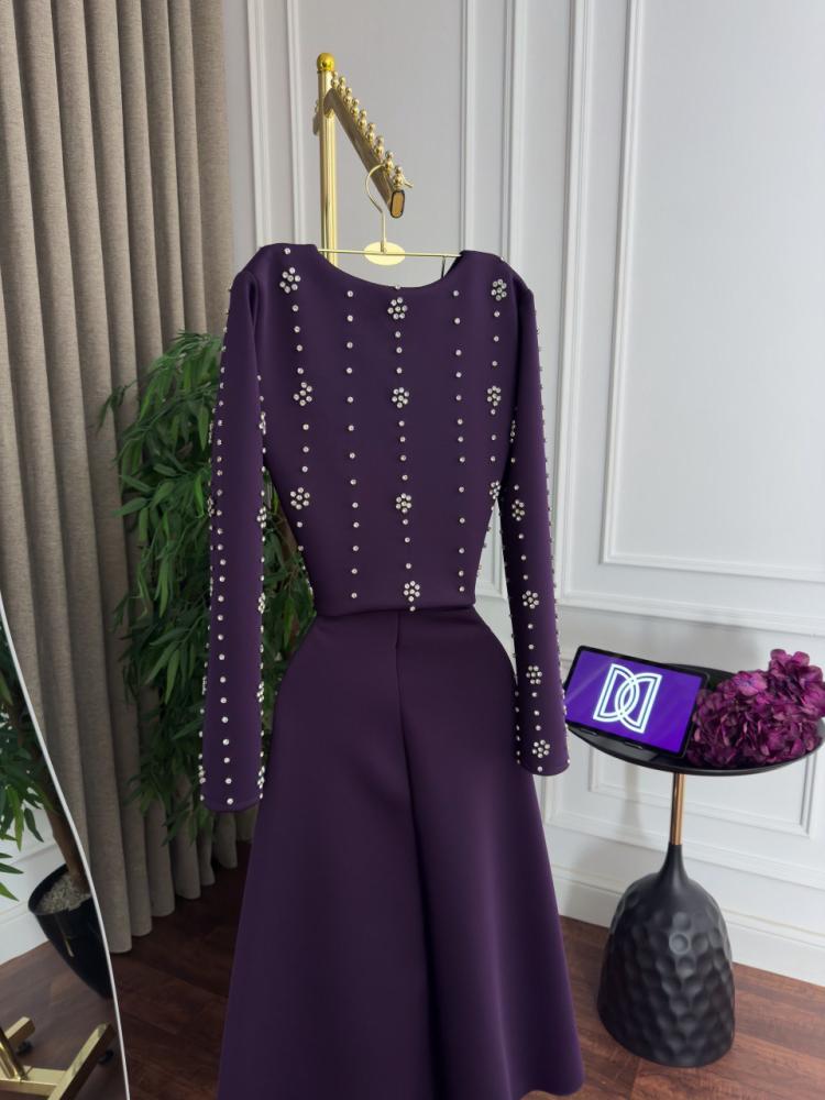 Evening dress purple midi soft fabric embroidery little zircon