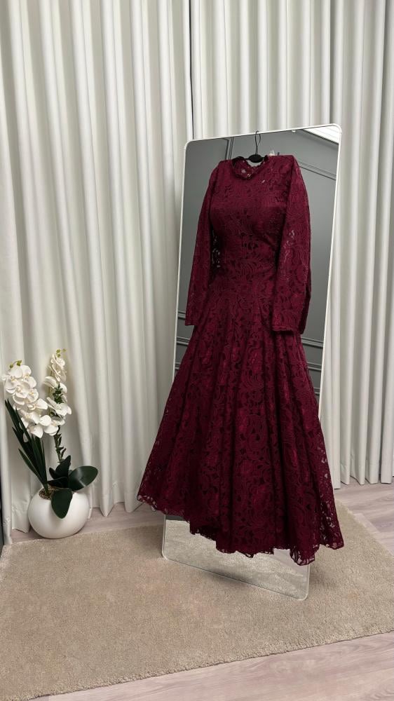 Evening dress, coral, fabric, French lace