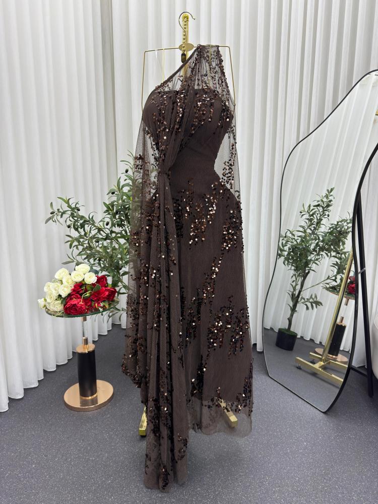Evening dress brown fabric Barbie and beads