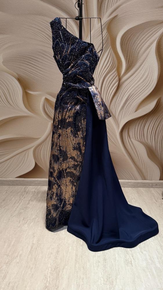 Evening dress navy blue fabric jacquard embroidery cost tail Barbie flared